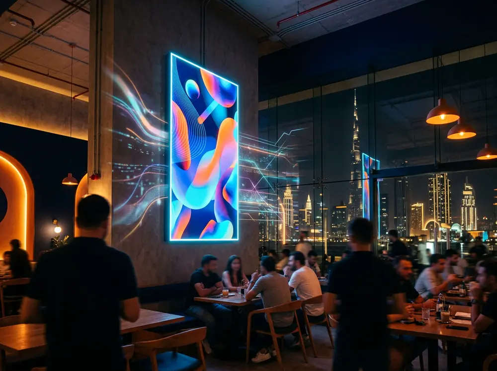 Digital advertising screen glowing in a Dubai café
