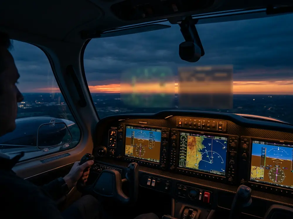Training aircraft cockpit at dusk with a holographic logbook display