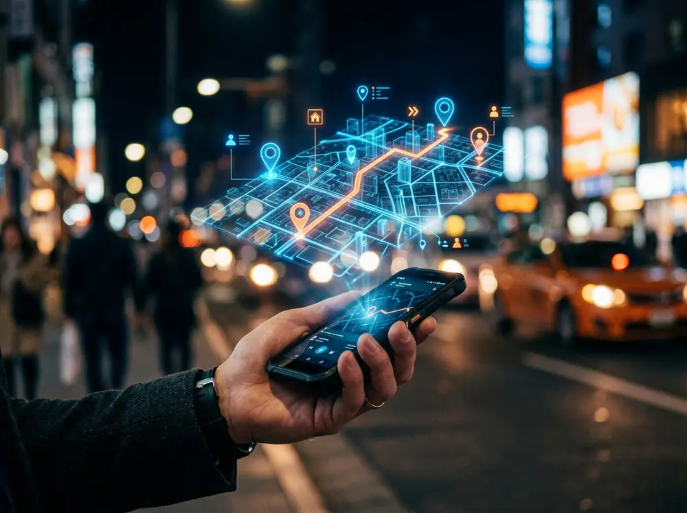 Phone projecting a holographic route map with customer pins