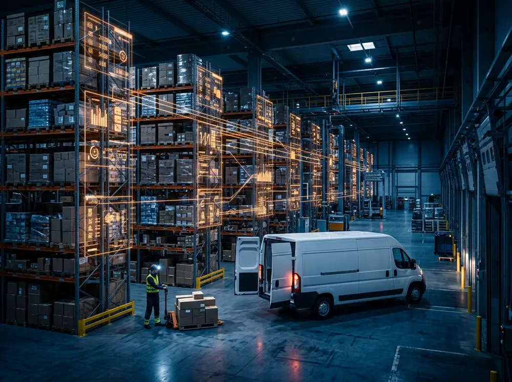 Wholesale warehouse with a delivery van and glowing order tags