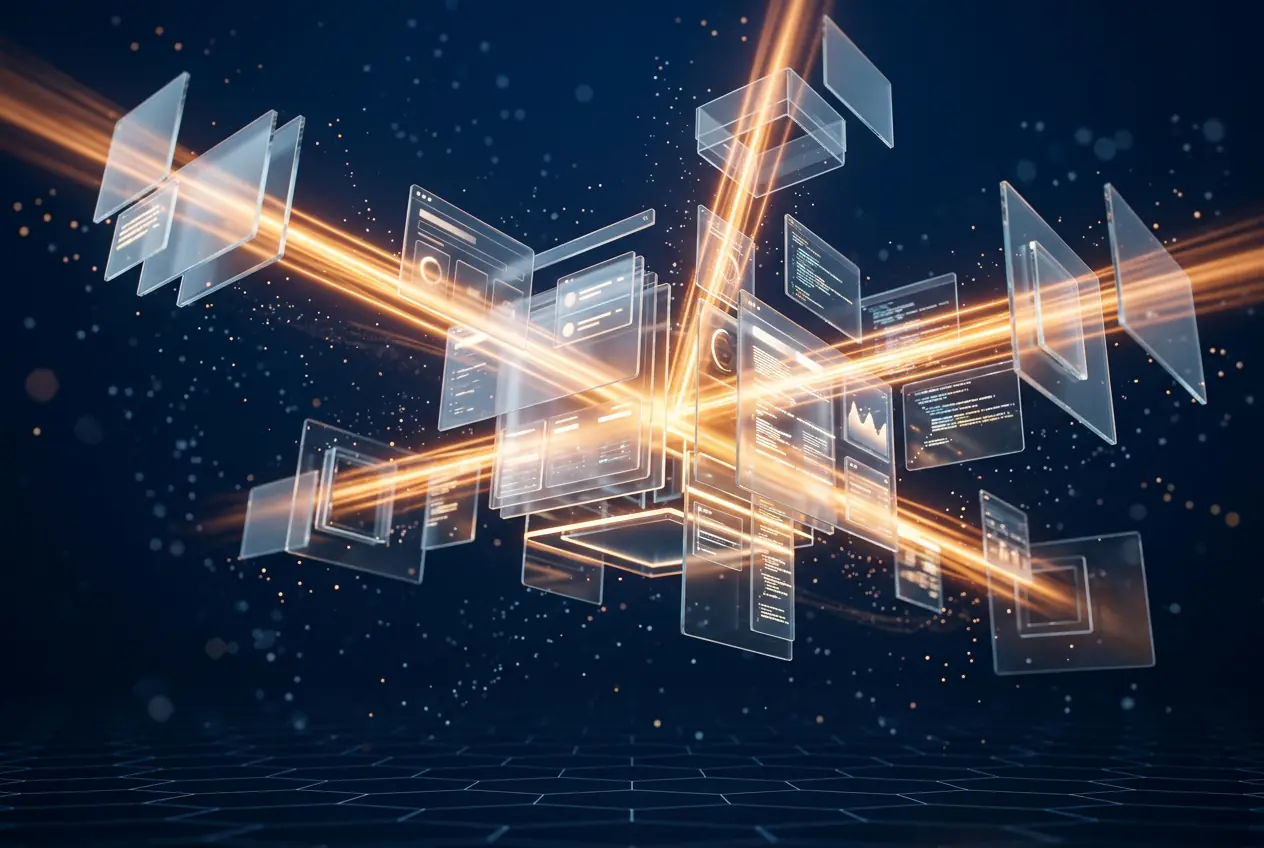 Glass app screens and code panels assembling in mid-air, lit by orange light